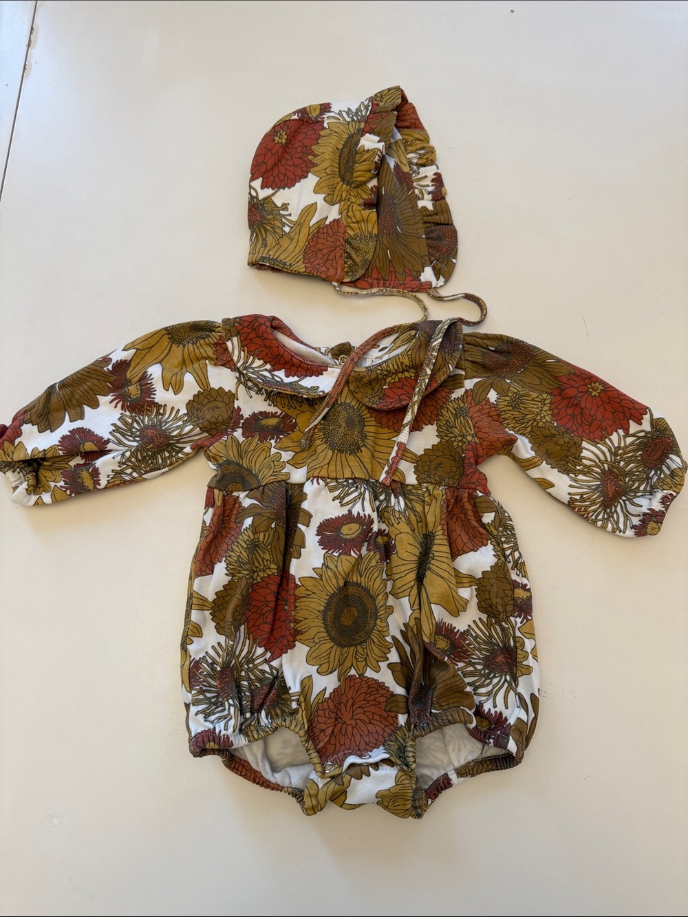 kate quinn White Sunflower Romper with Gold and Brown Floral Bonnet